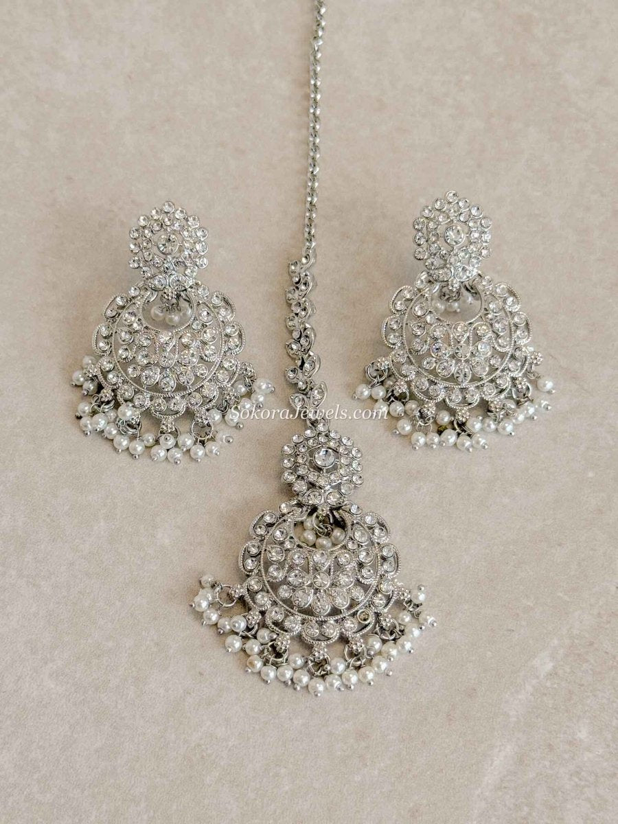 Silver & Pearl Earrings with Tikka Set - SOKORA JEWELSSilver & Pearl Earrings with Tikka Set