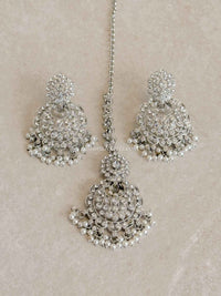 Silver & Pearl Earrings with Tikka Set - SOKORA JEWELSSilver & Pearl Earrings with Tikka Set