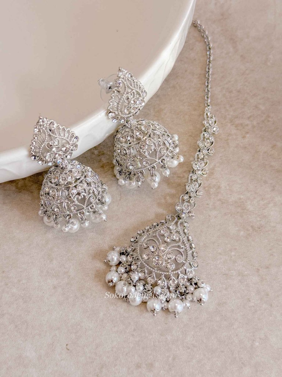 Silver & Pearl Jhumka Earrings with Tikka Set - SOKORA JEWELSSilver & Pearl Jhumka Earrings with Tikka Set