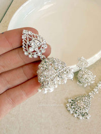 Silver & Pearl Jhumka Earrings with Tikka Set - SOKORA JEWELSSilver & Pearl Jhumka Earrings with Tikka Set