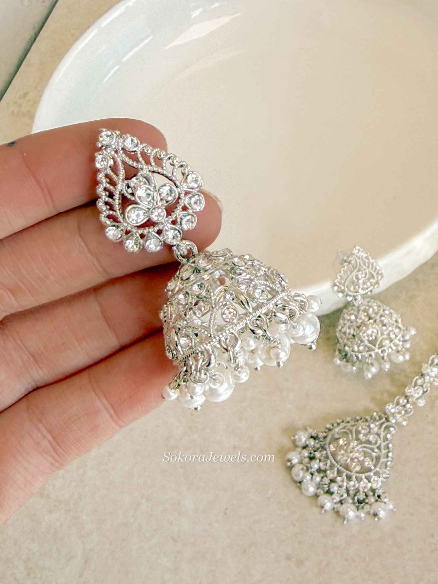 Silver & Pearl Jhumka Earrings with Tikka Set - SOKORA JEWELSSilver & Pearl Jhumka Earrings with Tikka Set