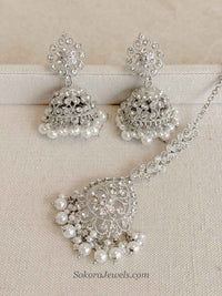 Silver & Pearl Jhumka Earrings with Tikka Set - SOKORA JEWELSSilver & Pearl Jhumka Earrings with Tikka Set