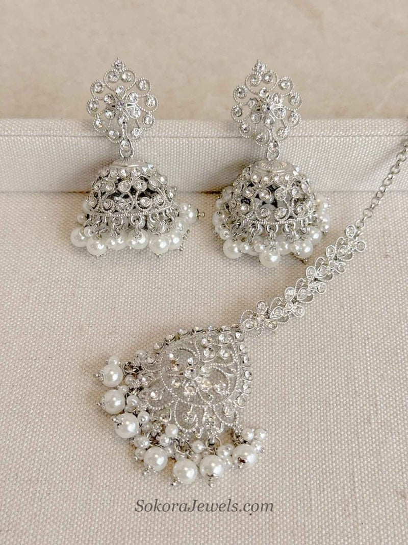 Silver & Pearl Jhumka Earrings with Tikka Set - SOKORA JEWELSSilver & Pearl Jhumka Earrings with Tikka Set