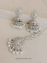 Silver & Pearl Jhumka Earrings with Tikka Set - SOKORA JEWELSSilver & Pearl Jhumka Earrings with Tikka Set