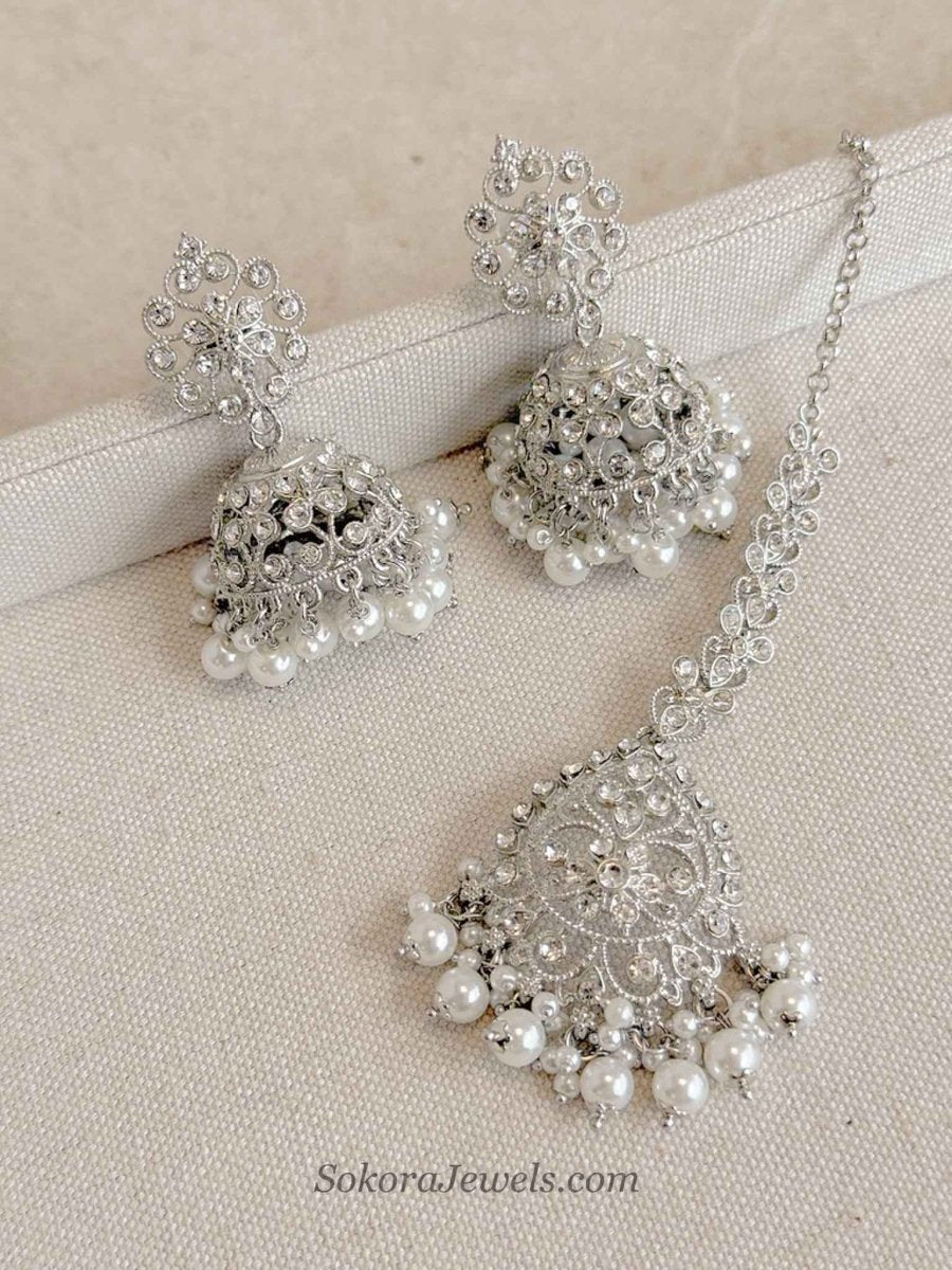 Silver & Pearl Jhumka Earrings with Tikka Set - SOKORA JEWELSSilver & Pearl Jhumka Earrings with Tikka Set