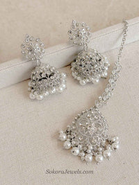 Silver & Pearl Jhumka Earrings with Tikka Set - SOKORA JEWELSSilver & Pearl Jhumka Earrings with Tikka Set