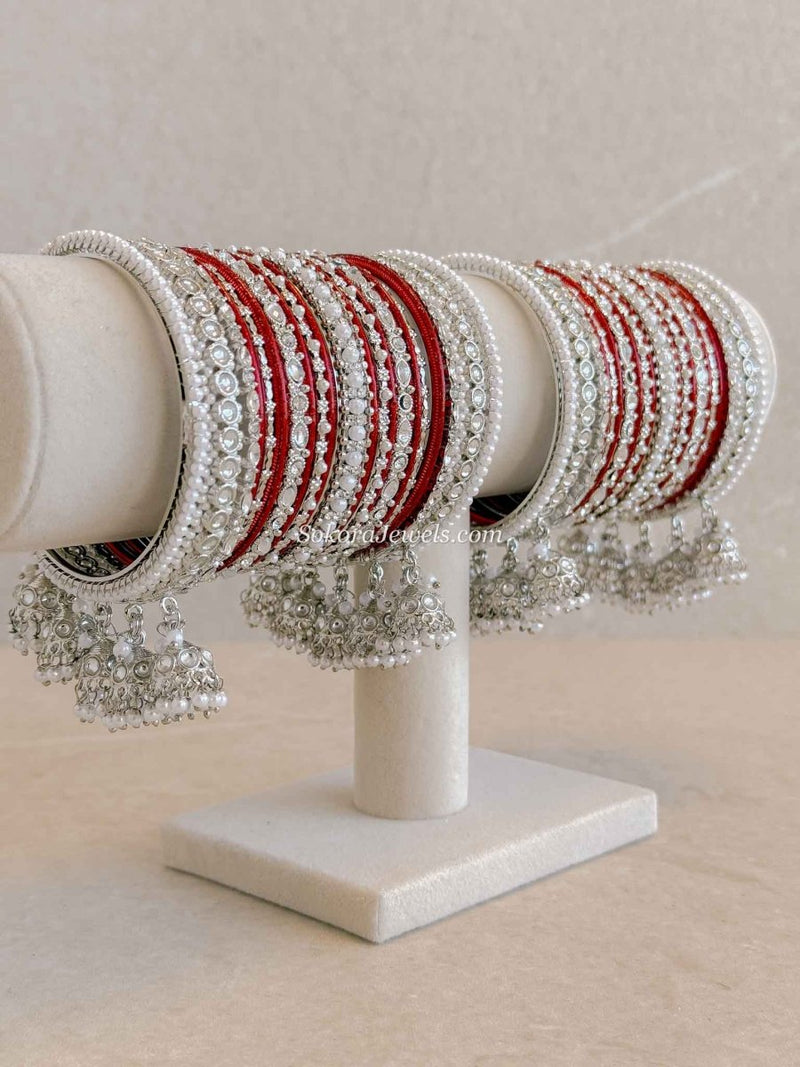 Silver & Red Bridal Bangle Set - SOKORA JEWELSSilver & Red Bridal Bangle SetBANGLES