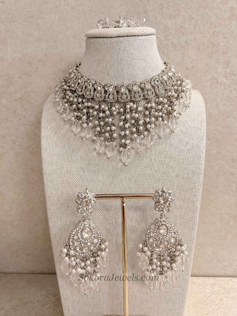 Silver Tassel Choker Set with Clear Crystal Drops - SOKORA JEWELSSilver Tassel Choker Set with Clear Crystal DropsNECKLACE SETS