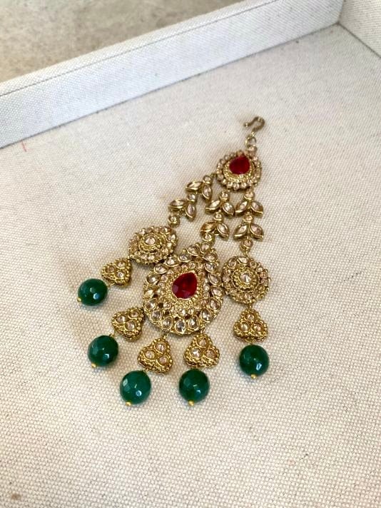 SIMPLY IMPERFECT: Small Antique Gold Jhumar - Green/Ruby - SOKORA JEWELSSIMPLY IMPERFECT: Small Antique Gold Jhumar - Green/Ruby