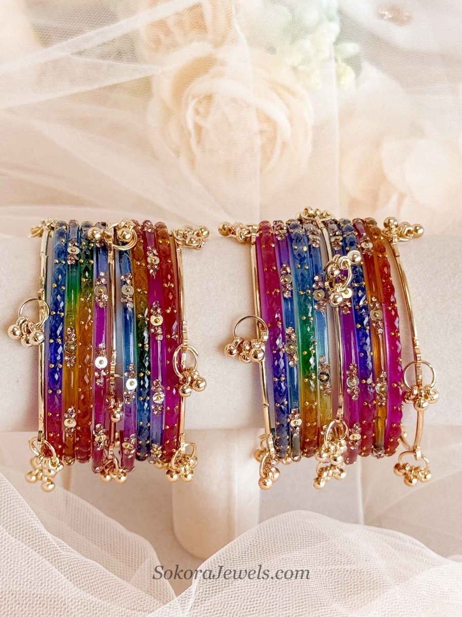 Size 2.2 Glass Kashmiri Bangles Set - Multicolour - SOKORA JEWELSSize 2.2 Glass Kashmiri Bangles Set - MulticolourBANGLES