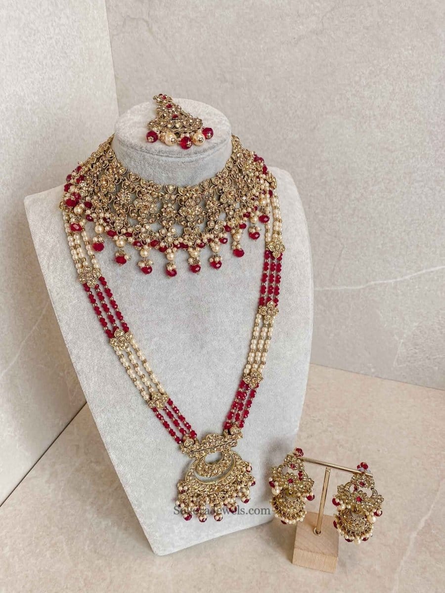 SLIGHTLY IMPERFECT: Antique Gold Bridal Necklace Set - Maroon - SOKORA JEWELSSLIGHTLY IMPERFECT: Antique Gold Bridal Necklace Set - Maroon