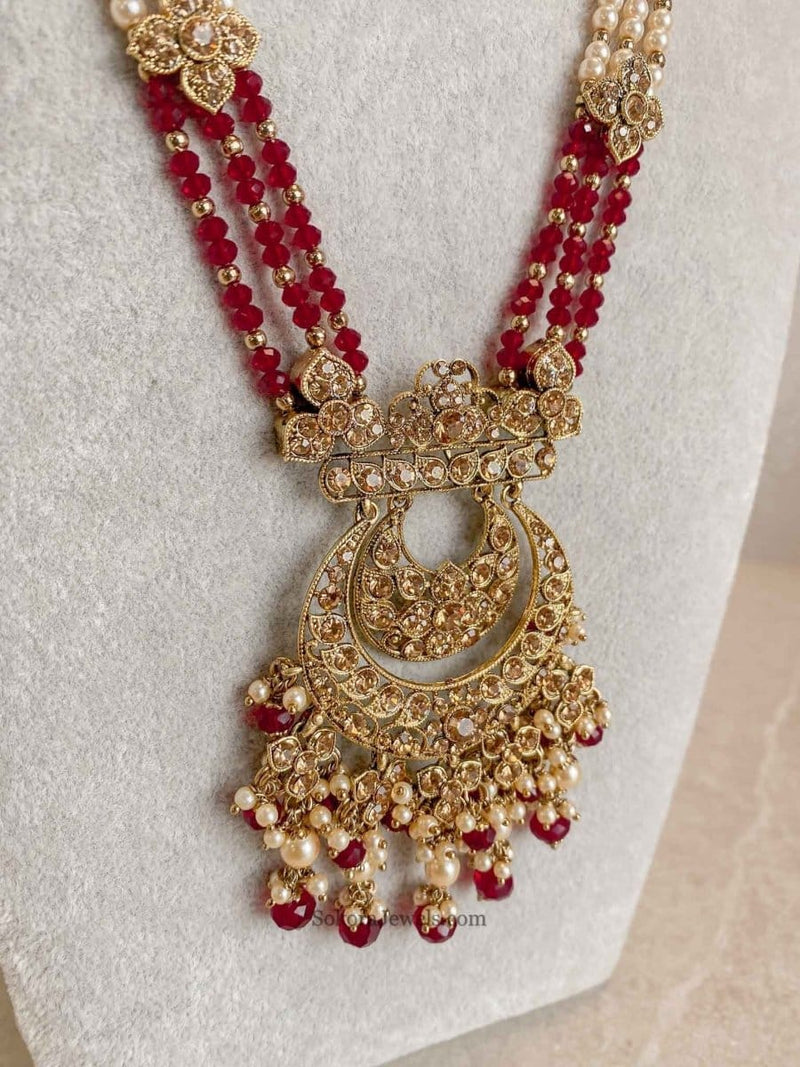 SLIGHTLY IMPERFECT: Antique Gold Bridal Necklace Set - Maroon - SOKORA JEWELSSLIGHTLY IMPERFECT: Antique Gold Bridal Necklace Set - Maroon