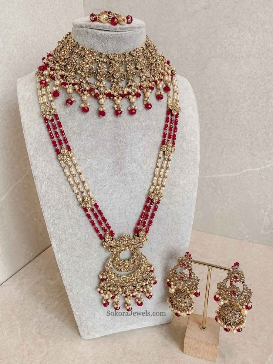 SLIGHTLY IMPERFECT: Antique Gold Bridal Necklace Set - Maroon - SOKORA JEWELSSLIGHTLY IMPERFECT: Antique Gold Bridal Necklace Set - Maroon