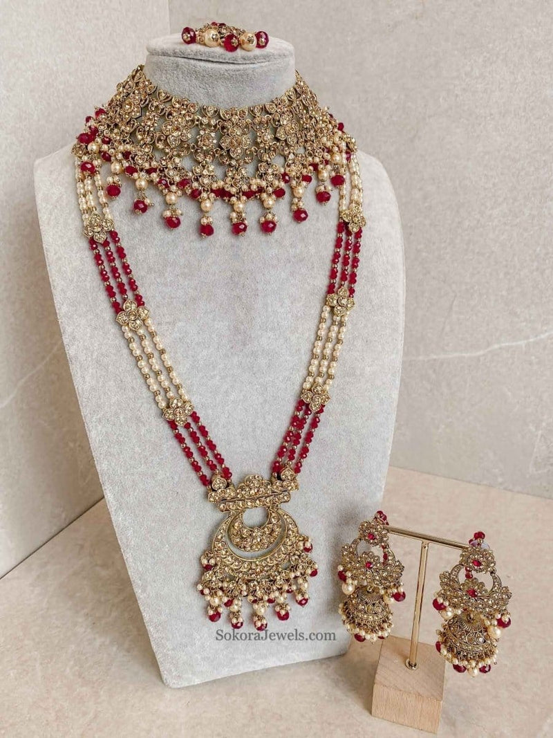 SLIGHTLY IMPERFECT: Antique Gold Bridal Necklace Set - Maroon - SOKORA JEWELSSLIGHTLY IMPERFECT: Antique Gold Bridal Necklace Set - Maroon