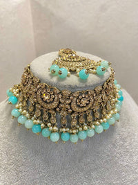 SLIGHTLY IMPERFECT: Antique Gold Choker Set - Blue - SOKORA JEWELSSLIGHTLY IMPERFECT: Antique Gold Choker Set - Blue