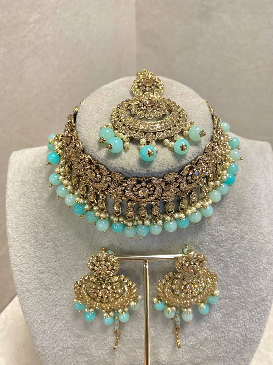 SLIGHTLY IMPERFECT: Antique Gold Choker Set - Blue - SOKORA JEWELSSLIGHTLY IMPERFECT: Antique Gold Choker Set - Blue