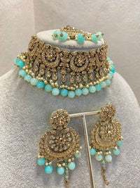 SLIGHTLY IMPERFECT: Antique Gold Choker Set - Blue - SOKORA JEWELSSLIGHTLY IMPERFECT: Antique Gold Choker Set - Blue