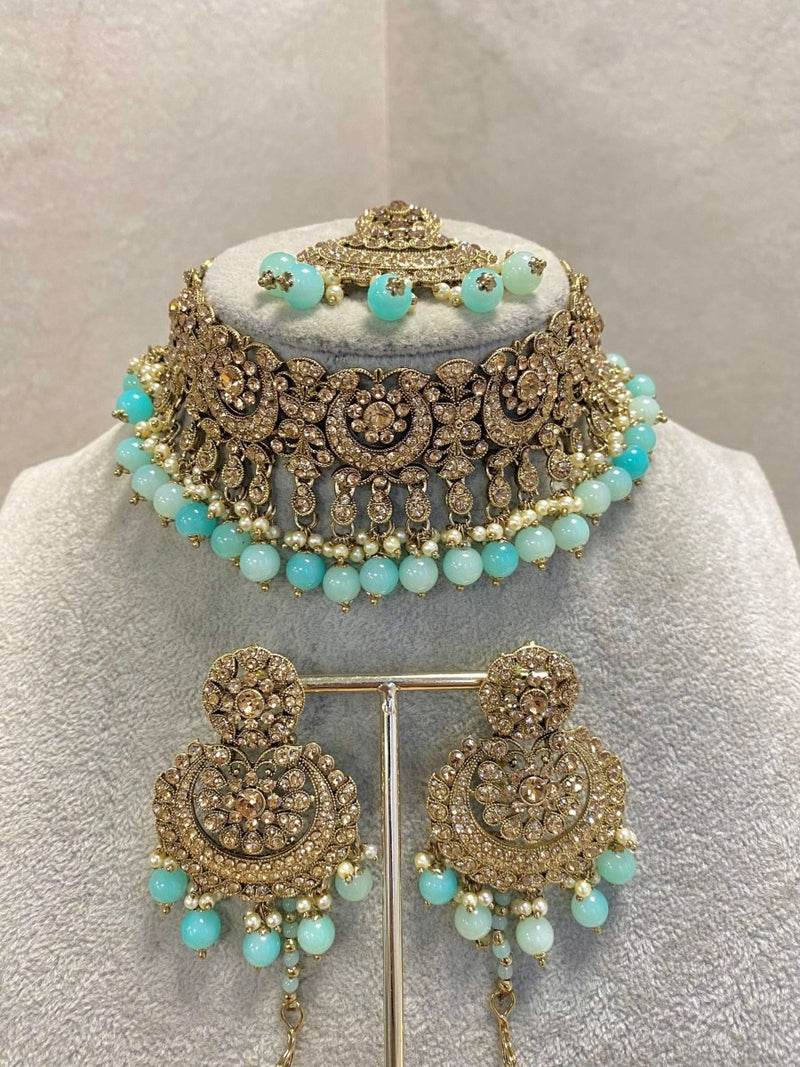 SLIGHTLY IMPERFECT: Antique Gold Choker Set - Blue - SOKORA JEWELSSLIGHTLY IMPERFECT: Antique Gold Choker Set - Blue