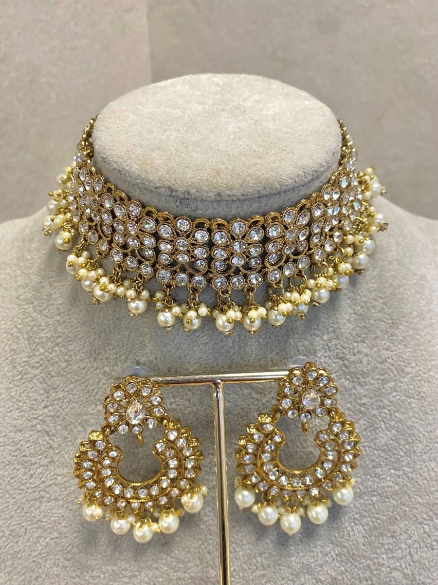 SLIGHTLY IMPERFECT: Antique Gold Choker Set - Clear - SOKORA JEWELSSLIGHTLY IMPERFECT: Antique Gold Choker Set - ClearNECKLACE SETS