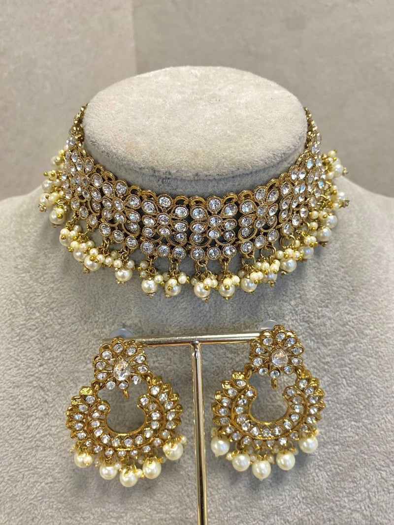 SLIGHTLY IMPERFECT: Antique Gold Choker Set - Clear - SOKORA JEWELSSLIGHTLY IMPERFECT: Antique Gold Choker Set - ClearNECKLACE SETS