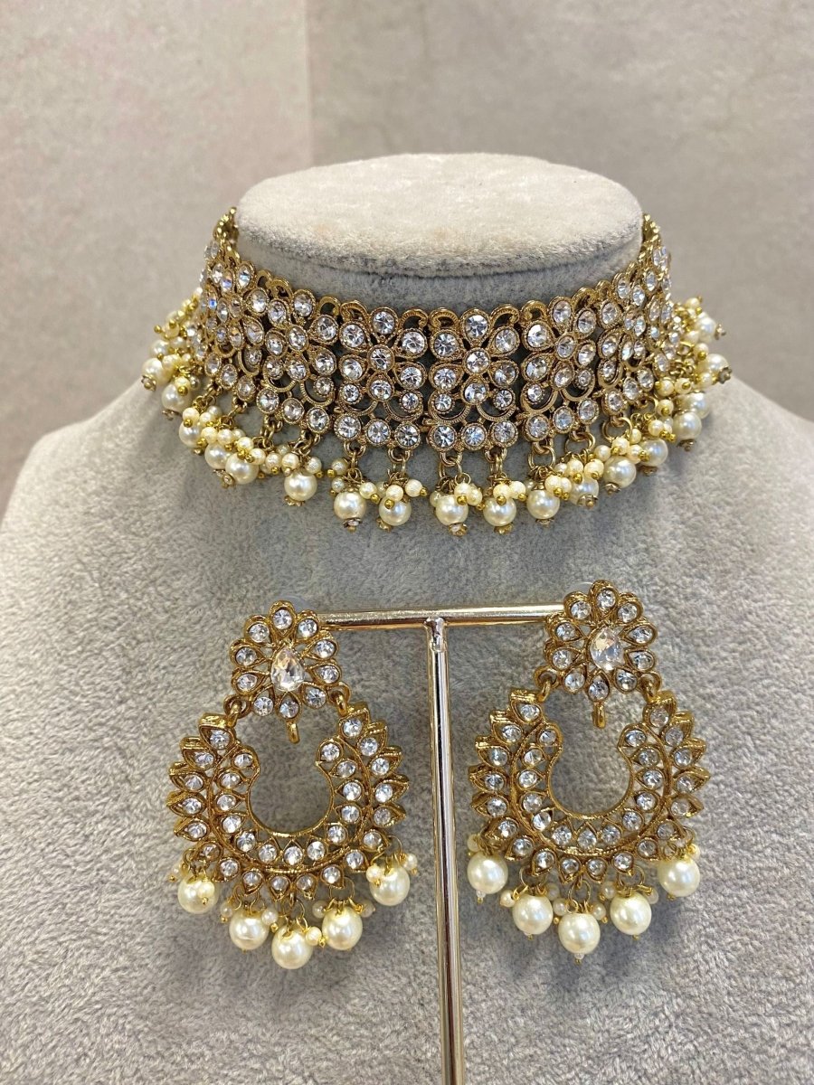 SLIGHTLY IMPERFECT: Antique Gold Choker Set - Clear - SOKORA JEWELSSLIGHTLY IMPERFECT: Antique Gold Choker Set - ClearNECKLACE SETS