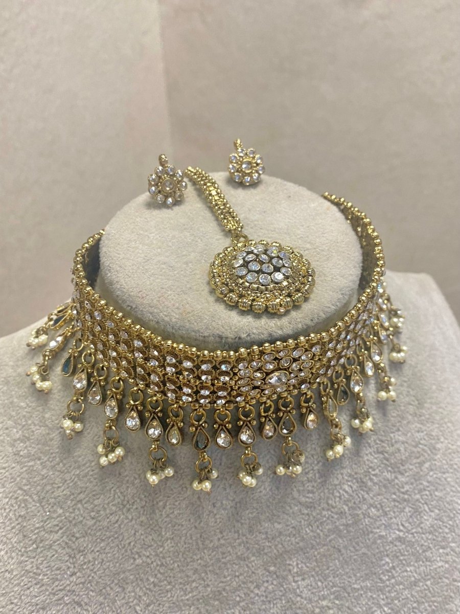 SLIGHTLY IMPERFECT: Antique Gold Choker Set - Clear - SOKORA JEWELSSLIGHTLY IMPERFECT: Antique Gold Choker Set - Clear