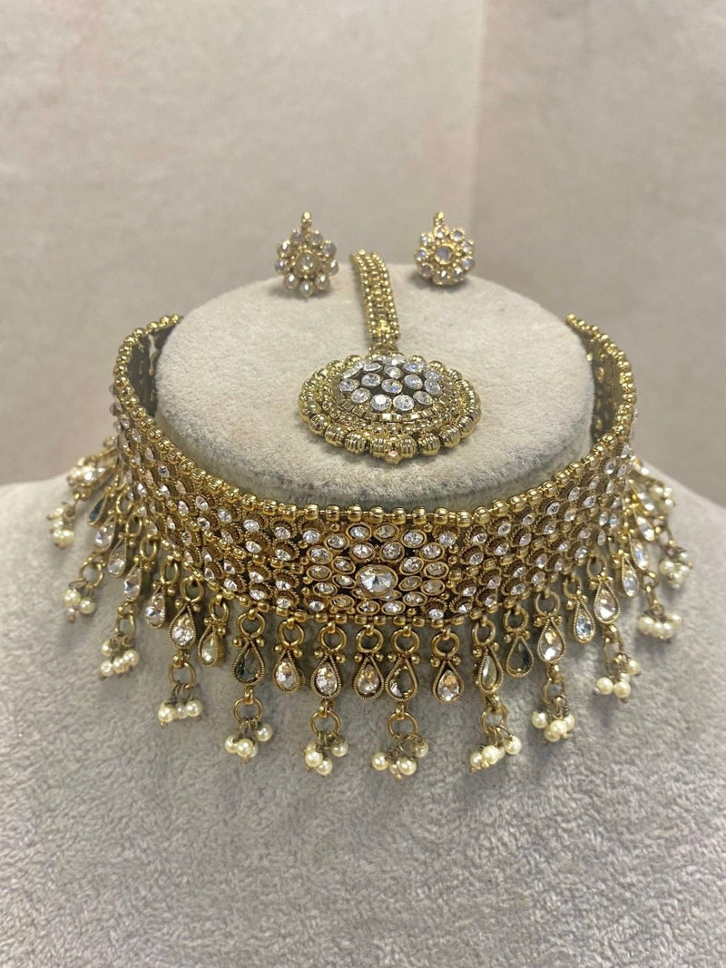 SLIGHTLY IMPERFECT: Antique Gold Choker Set - Clear - SOKORA JEWELSSLIGHTLY IMPERFECT: Antique Gold Choker Set - Clear