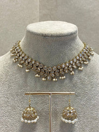 SLIGHTLY IMPERFECT: Antique Gold Choker Set - Clear/Pearl - SOKORA JEWELSSLIGHTLY IMPERFECT: Antique Gold Choker Set - Clear/Pearl