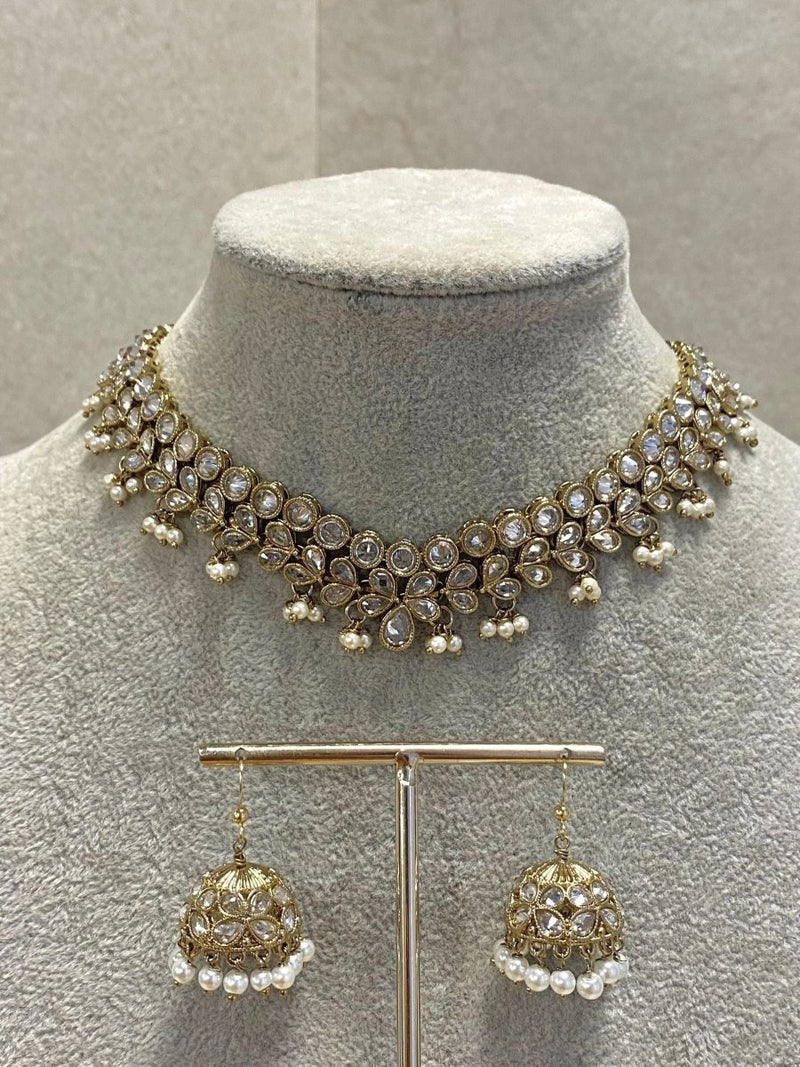 SLIGHTLY IMPERFECT: Antique Gold Choker Set - Clear/Pearl - SOKORA JEWELSSLIGHTLY IMPERFECT: Antique Gold Choker Set - Clear/Pearl