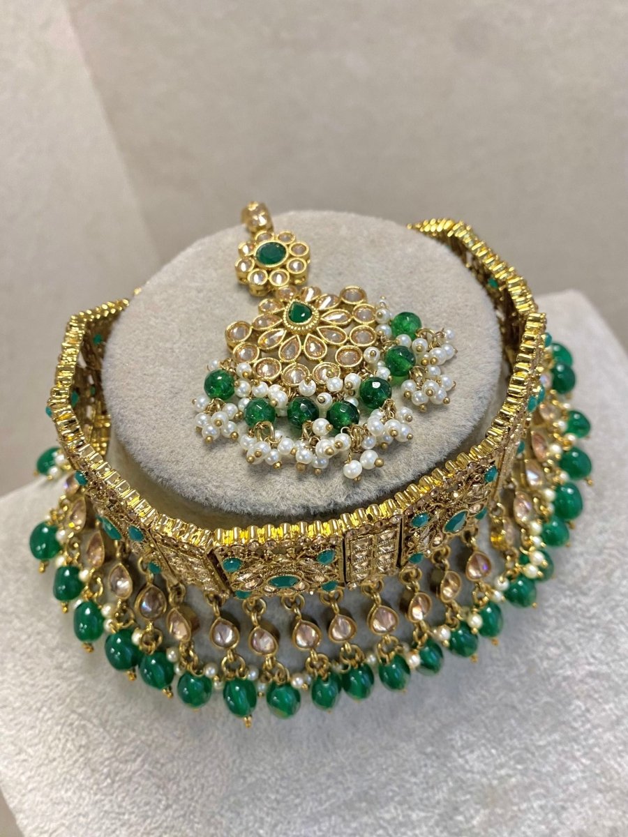 SLIGHTLY IMPERFECT: Antique Gold Choker Set - Green - SOKORA JEWELSSLIGHTLY IMPERFECT: Antique Gold Choker Set - Green