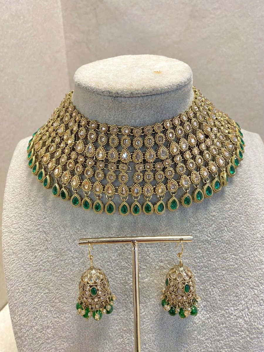 SLIGHTLY IMPERFECT: Antique Gold Choker Set - Green - SOKORA JEWELSSLIGHTLY IMPERFECT: Antique Gold Choker Set - GreenNECKLACE SETS
