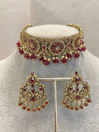 SLIGHTLY IMPERFECT: Antique Gold Choker Set - Maroon - SOKORA JEWELSSLIGHTLY IMPERFECT: Antique Gold Choker Set - Maroon