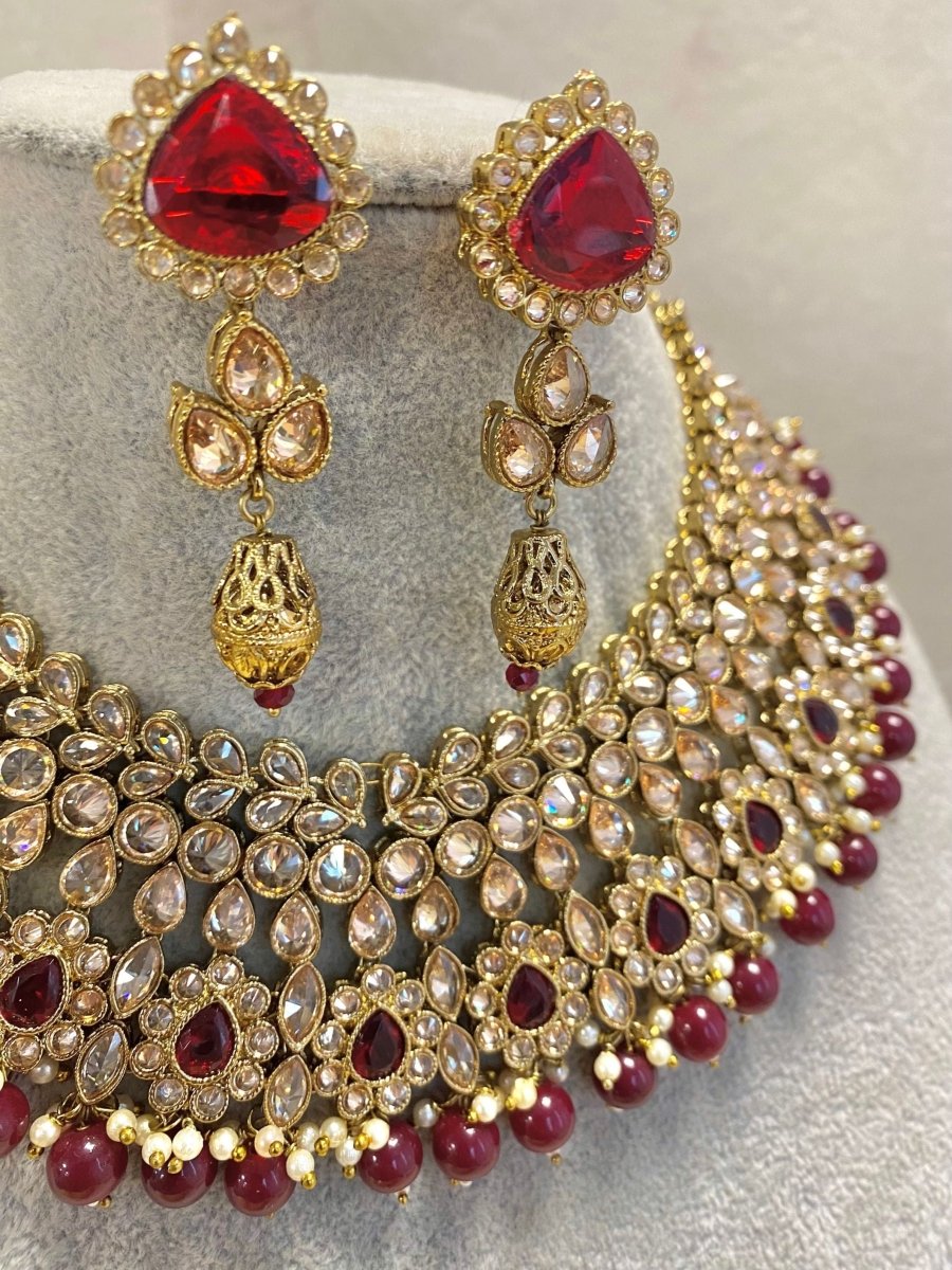 SLIGHTLY IMPERFECT: Antique Gold Choker set - Maroon - SOKORA JEWELSSLIGHTLY IMPERFECT: Antique Gold Choker set - Maroon