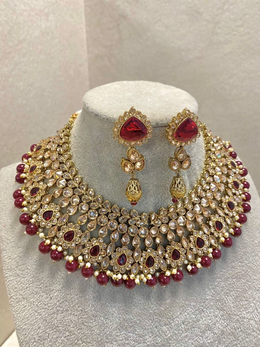 SLIGHTLY IMPERFECT: Antique Gold Choker set - Maroon - SOKORA JEWELSSLIGHTLY IMPERFECT: Antique Gold Choker set - Maroon