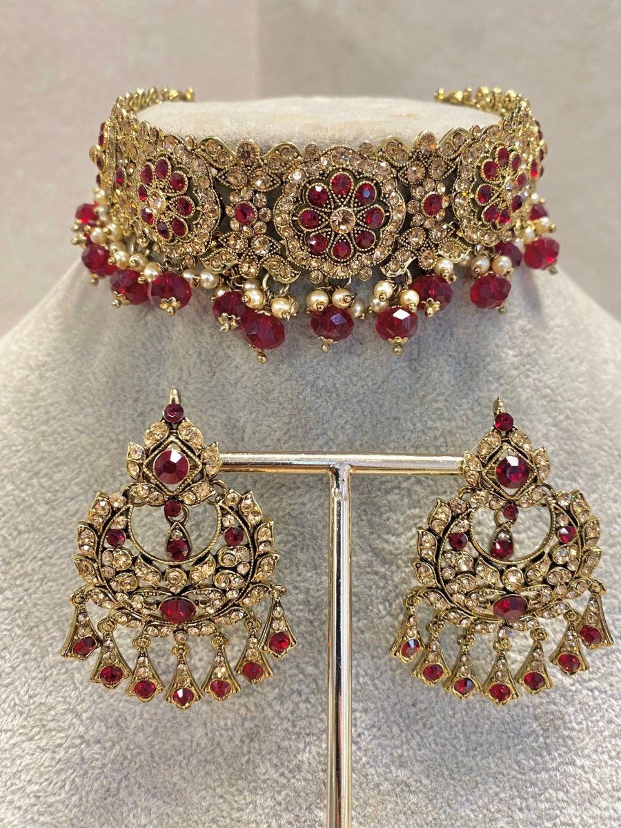 SLIGHTLY IMPERFECT: Antique Gold Choker Set - Maroon - SOKORA JEWELSSLIGHTLY IMPERFECT: Antique Gold Choker Set - Maroon