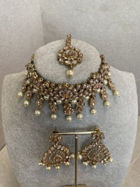 SLIGHTLY IMPERFECT: Antique Gold Choker Set - Pearl - SOKORA JEWELSSLIGHTLY IMPERFECT: Antique Gold Choker Set - Pearl