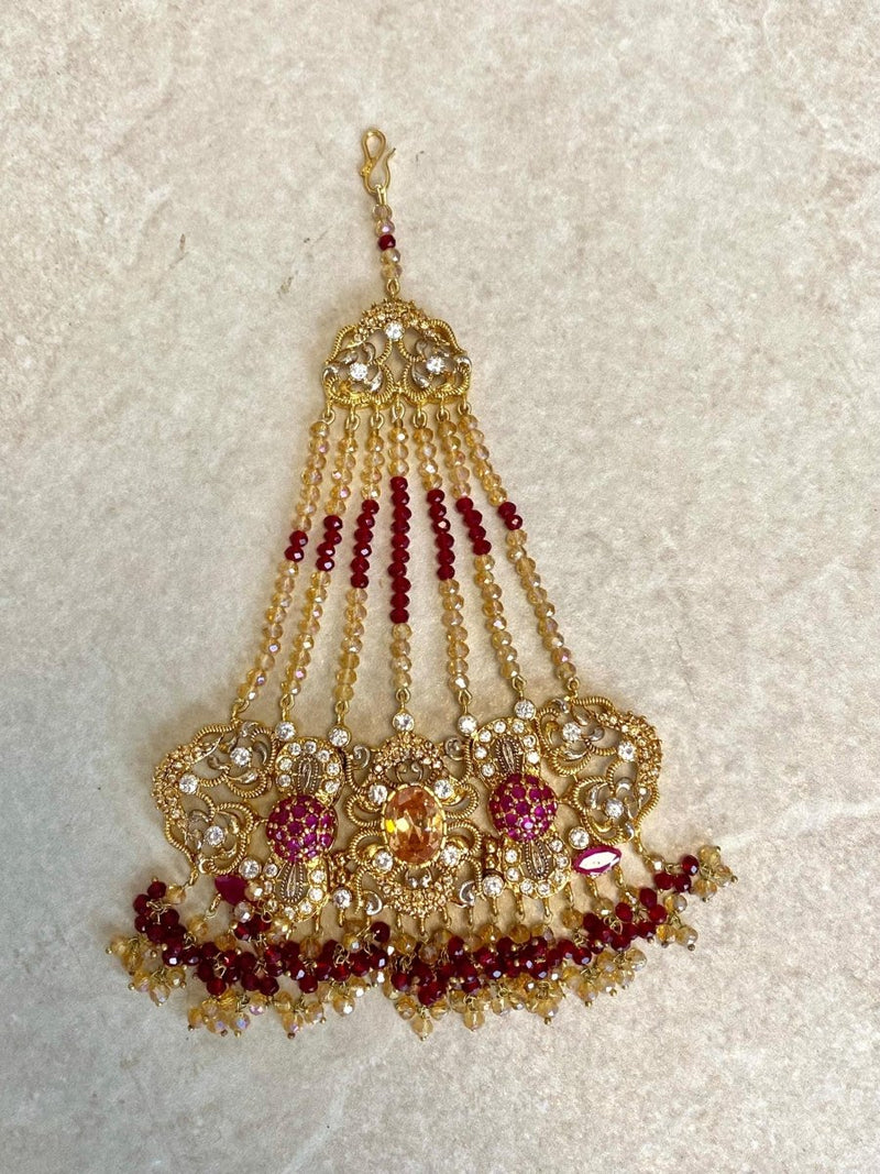 SLIGHTLY IMPERFECT: Antique Gold & Crystal Bridal Choker Set - Maroon - SOKORA JEWELSSLIGHTLY IMPERFECT: Antique Gold & Crystal Bridal Choker Set - MaroonNECKLACE SETS