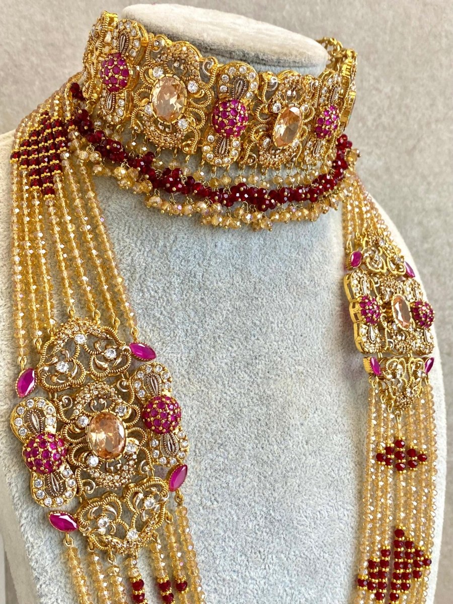 SLIGHTLY IMPERFECT: Antique Gold & Crystal Bridal Choker Set - Maroon - SOKORA JEWELSSLIGHTLY IMPERFECT: Antique Gold & Crystal Bridal Choker Set - MaroonNECKLACE SETS