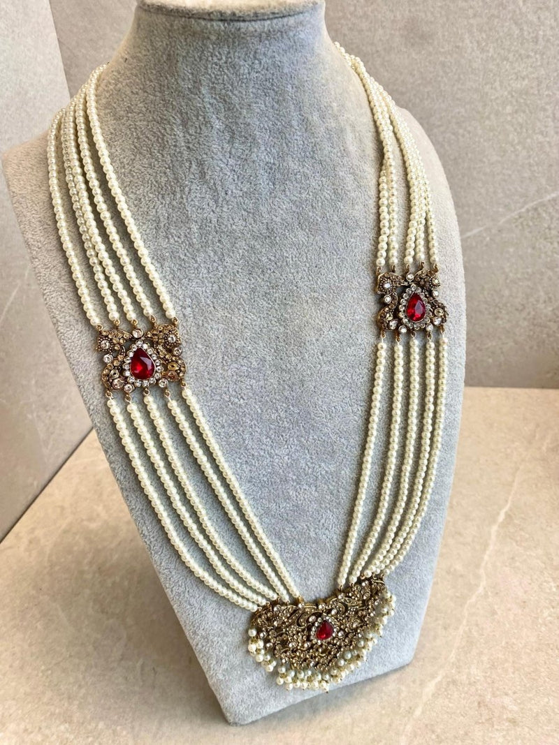 SLIGHTLY IMPERFECT: Antique Gold & Crystal Pearly Mala Set - Deep Red - SOKORA JEWELSSLIGHTLY IMPERFECT: Antique Gold & Crystal Pearly Mala Set - Deep RedNECKLACE SETS