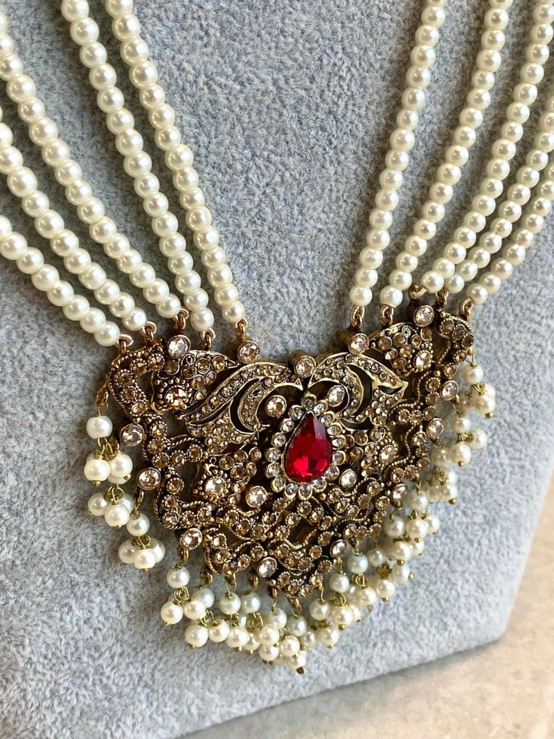 SLIGHTLY IMPERFECT: Antique Gold & Crystal Pearly Mala Set - Deep Red - SOKORA JEWELSSLIGHTLY IMPERFECT: Antique Gold & Crystal Pearly Mala Set - Deep RedNECKLACE SETS