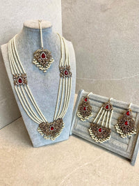 SLIGHTLY IMPERFECT: Antique Gold & Crystal Pearly Mala Set - Deep Red - SOKORA JEWELSSLIGHTLY IMPERFECT: Antique Gold & Crystal Pearly Mala Set - Deep RedNECKLACE SETS
