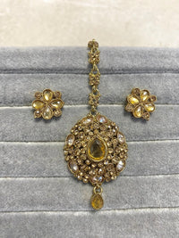 SLIGHTLY IMPERFECT: Antique Gold Earring and Tikka set - SOKORA JEWELSSLIGHTLY IMPERFECT: Antique Gold Earring and Tikka set