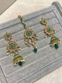 SLIGHTLY IMPERFECT: Antique Gold Earring & Tikka Set - Green - SOKORA JEWELSSLIGHTLY IMPERFECT: Antique Gold Earring & Tikka Set - Green