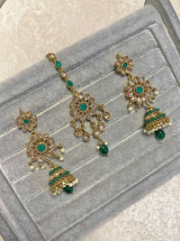 SLIGHTLY IMPERFECT: Antique Gold Earring & Tikka Set - Green - SOKORA JEWELSSLIGHTLY IMPERFECT: Antique Gold Earring & Tikka Set - Green