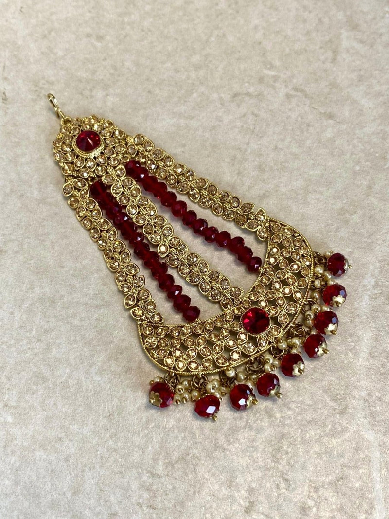 SLIGHTLY IMPERFECT: Antique Gold Jhumar - Maroon - SOKORA JEWELSSLIGHTLY IMPERFECT: Antique Gold Jhumar - Maroon