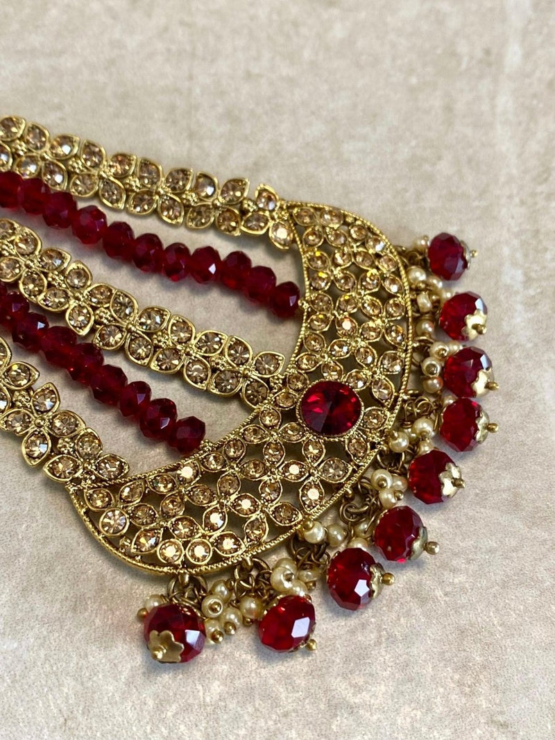SLIGHTLY IMPERFECT: Antique Gold Jhumar - Maroon - SOKORA JEWELSSLIGHTLY IMPERFECT: Antique Gold Jhumar - Maroon