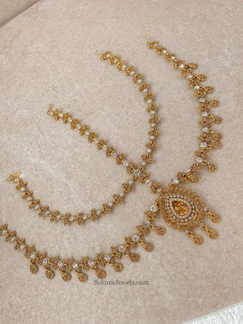 SLIGHTLY IMPERFECT: Antique Gold Mathapatti - Gold/Clear - SOKORA JEWELSSLIGHTLY IMPERFECT: Antique Gold Mathapatti - Gold/Clear