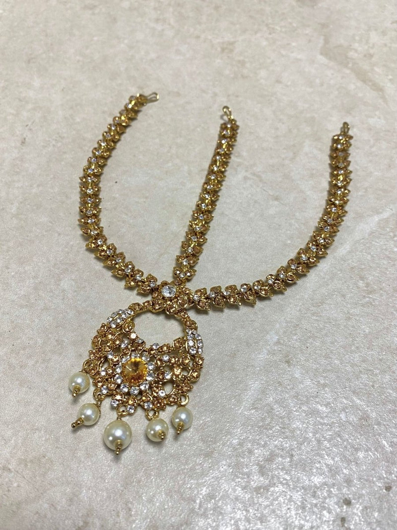 SLIGHTLY IMPERFECT: Antique Gold Mathapatti - Gold/Clear - SOKORA JEWELSSLIGHTLY IMPERFECT: Antique Gold Mathapatti - Gold/Clear