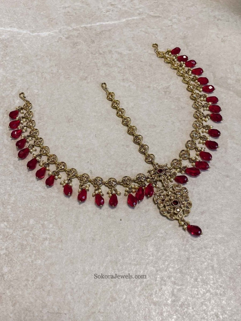 SLIGHTLY IMPERFECT: Antique Gold Mathapatti - Maroon - SOKORA JEWELSSLIGHTLY IMPERFECT: Antique Gold Mathapatti - Maroon