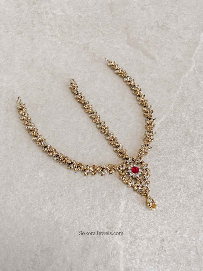 SLIGHTLY IMPERFECT: Antique Gold Mathapatti - Red - SOKORA JEWELSSLIGHTLY IMPERFECT: Antique Gold Mathapatti - Red